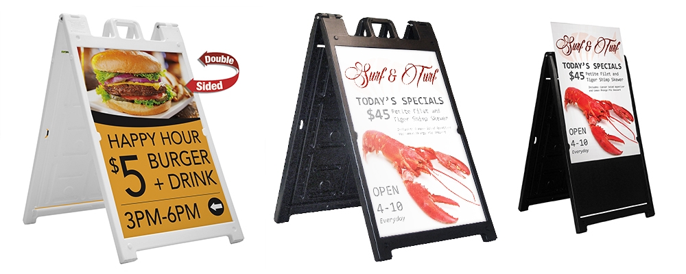 Custom A-Frame Signs Advertising Happy Hour $5 Burgers and Surf & Turf Specials | Banners.com