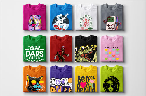 Grid of various colored T-shirts with different graphics printed on each individual shirt