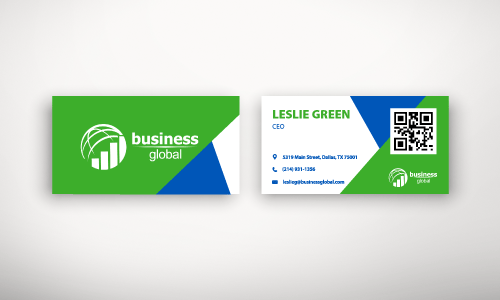 Green, white and blue professional business cards. Front of the card has a white half sphere and bar graph circular logo with Business Global in white text beside it. Back of the business card is also in white blue and green. The name Leslie Green, is at the top of the card in green text, and CEO is in blue text. There is a QR code in the upper right corner of the card. Same white circle logo and lettering is at the bottom of the card. There is contact info in blue in the body of the card.