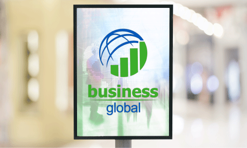 Custom poster with black outline and white background. It shows a circular logo of half a blue sphere and green bar graph with green text saying Business and blue text saying Global. There is a blurred out trade show scene in the background.