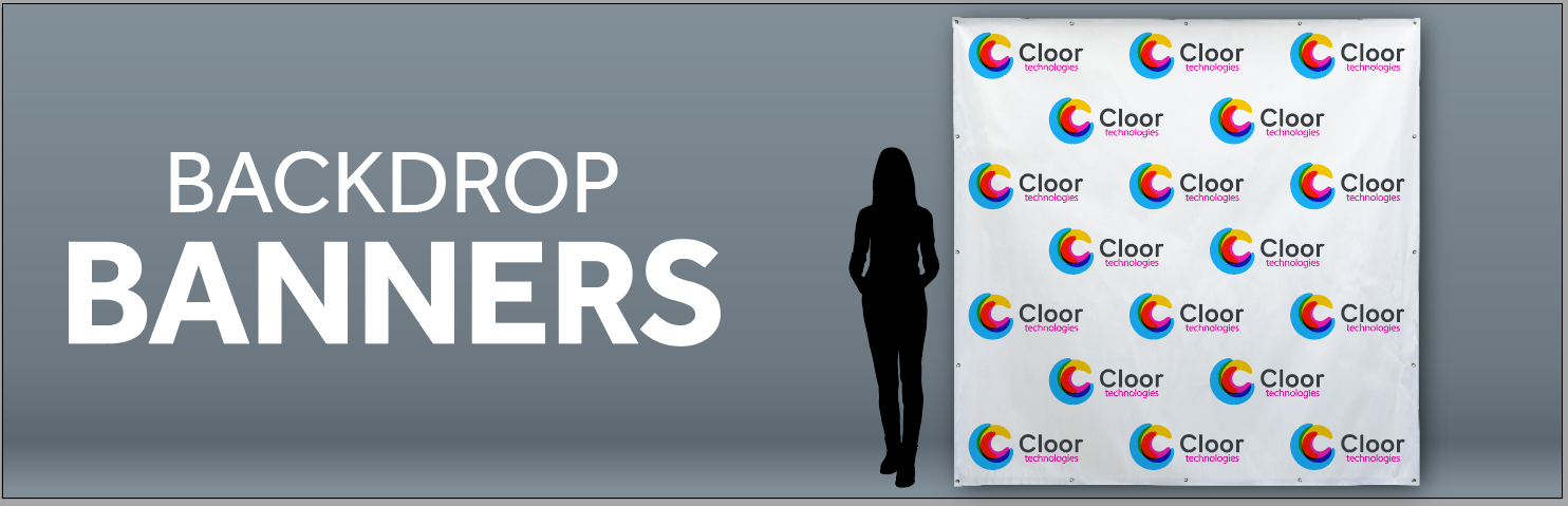 Circular rainbow logo that says Cloor repeated on a vinyl backdrop banner. Black shape of a human standing nearby. Text says backdrop banners.